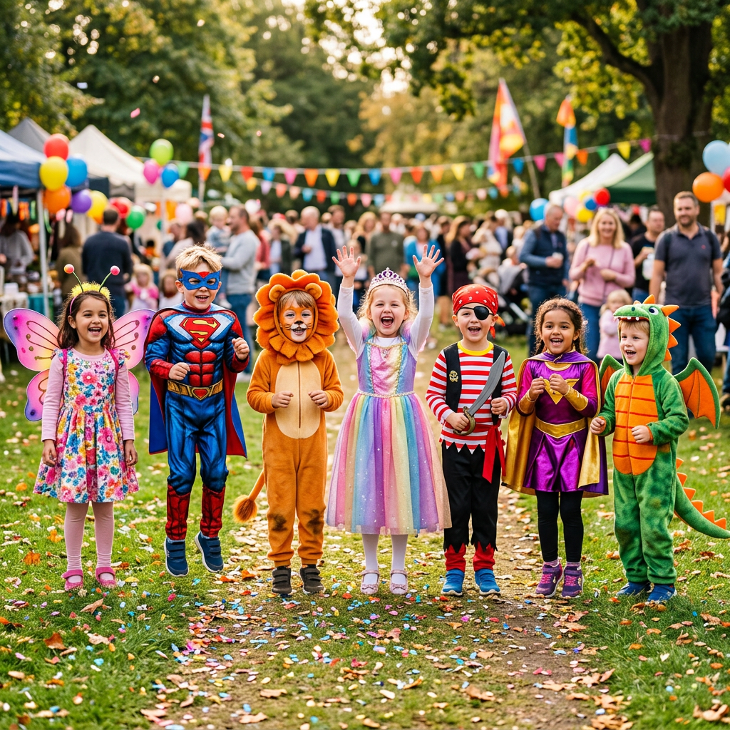 Seven children in various costumes including butterfly, superhero, lion, princess, pirate, wizard, and dragon at an outdoor festival