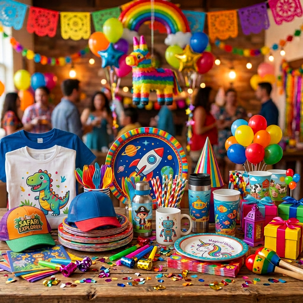 Fiesta-themed party table with colorful plates, cups, utensils, balloons, and party hats