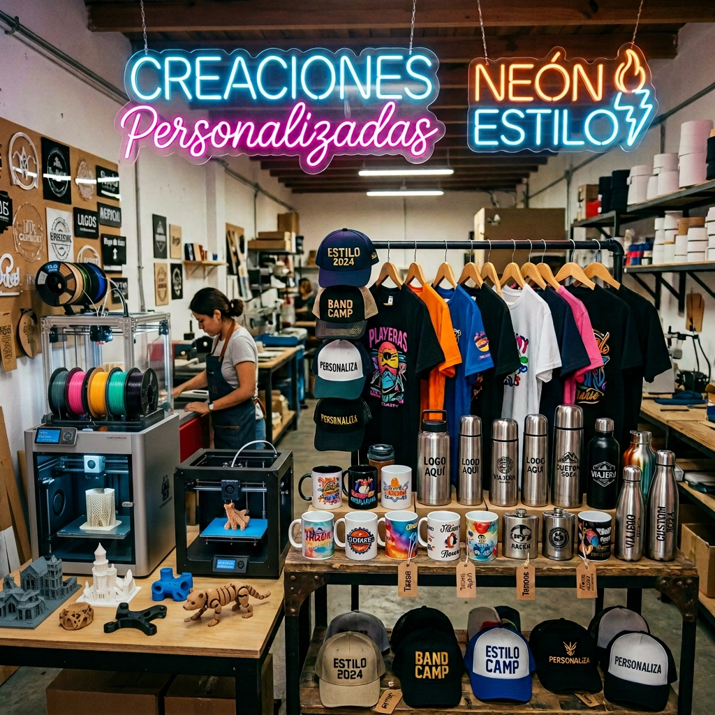 Workshop with neon signs for custom creations, personalized t-shirts, hats, mugs, and metal bottles on display.